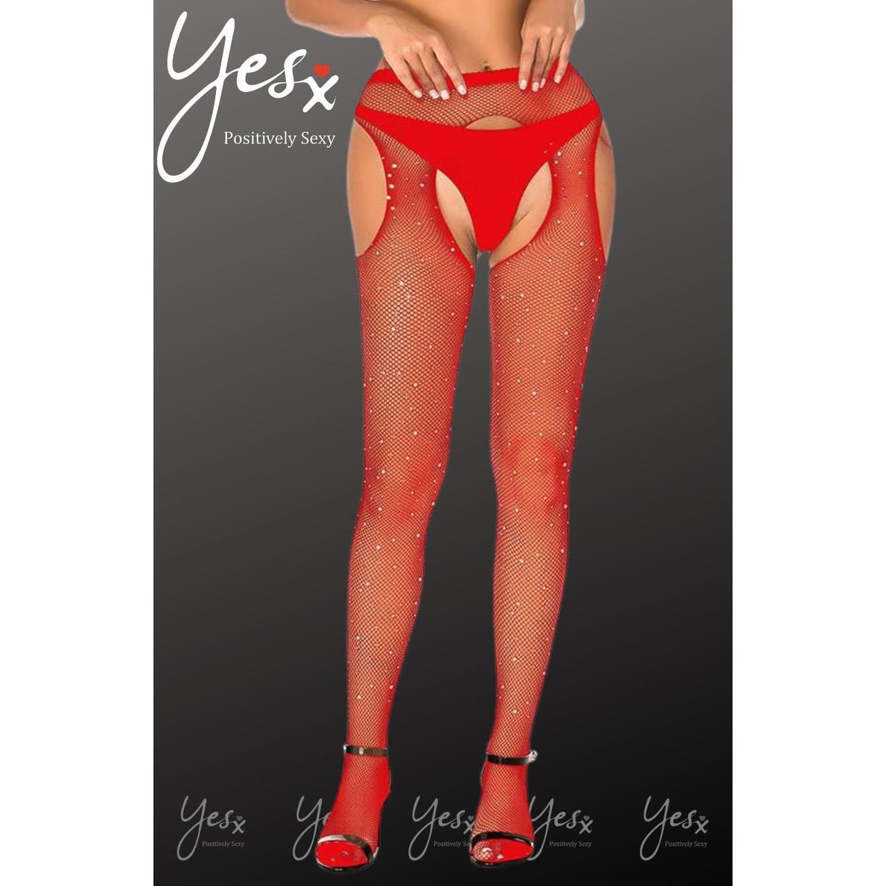 YesX YX852 Sparkly Fishnet Crotchless Tights - Red