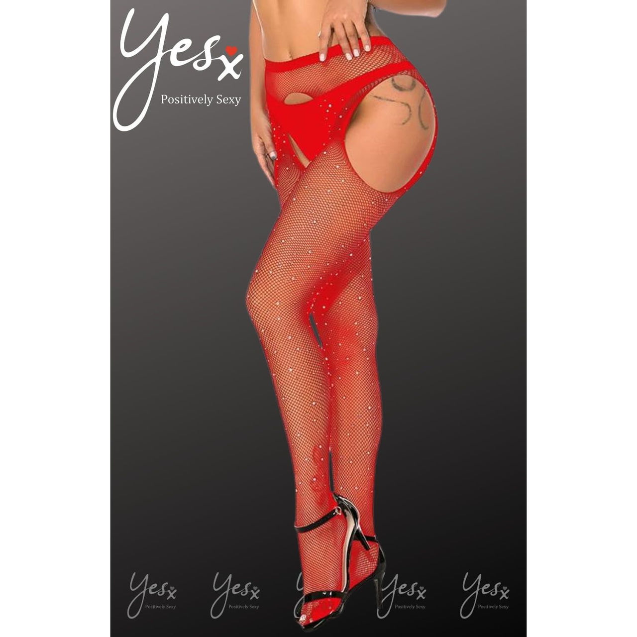 YesX YX852 Sparkly Fishnet Crotchless Tights - Red