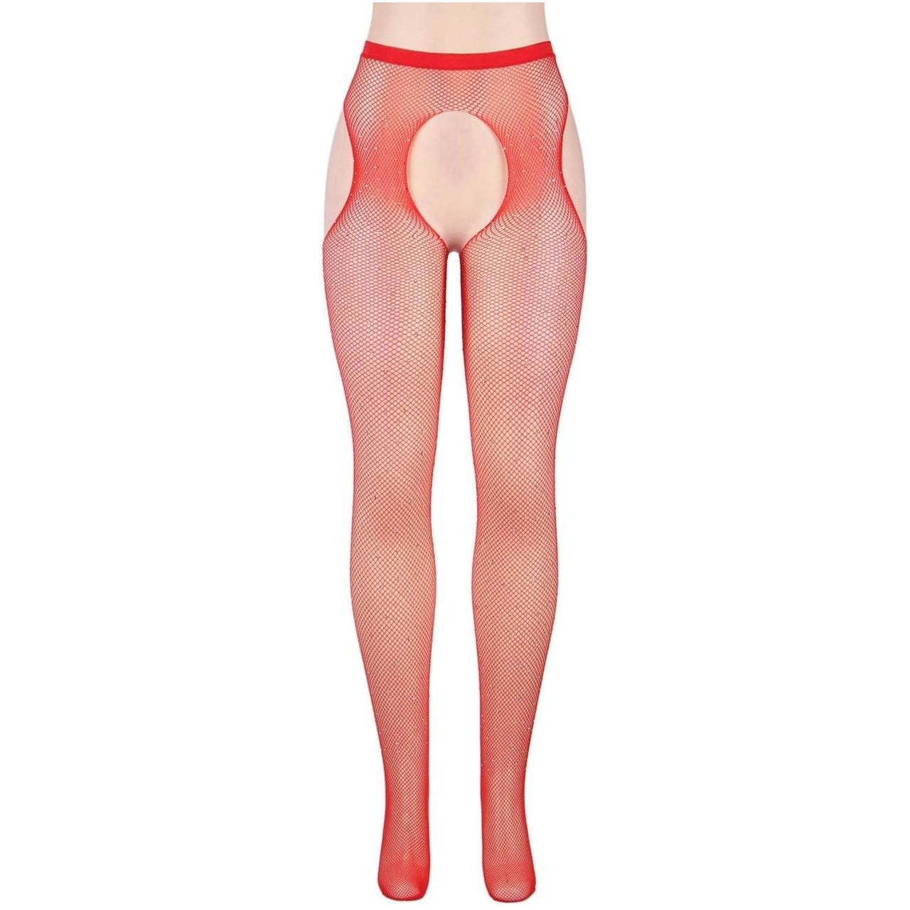 YesX YX852 Sparkly Fishnet Crotchless Tights - Red